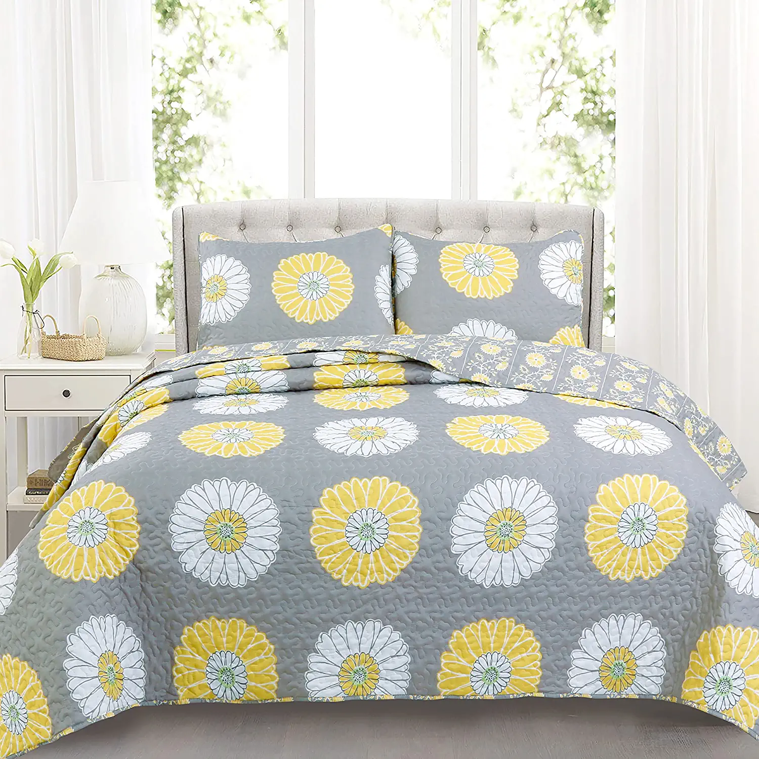 Gray and Yellow Floral Microfiber Twin Quilt Set, Reversible