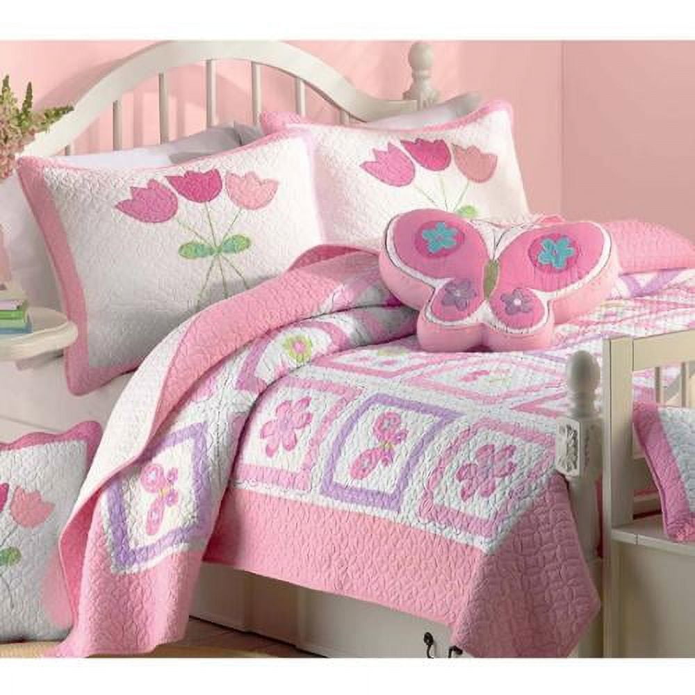 Pink and White Cotton Butterfly Floral Twin Quilt Set
