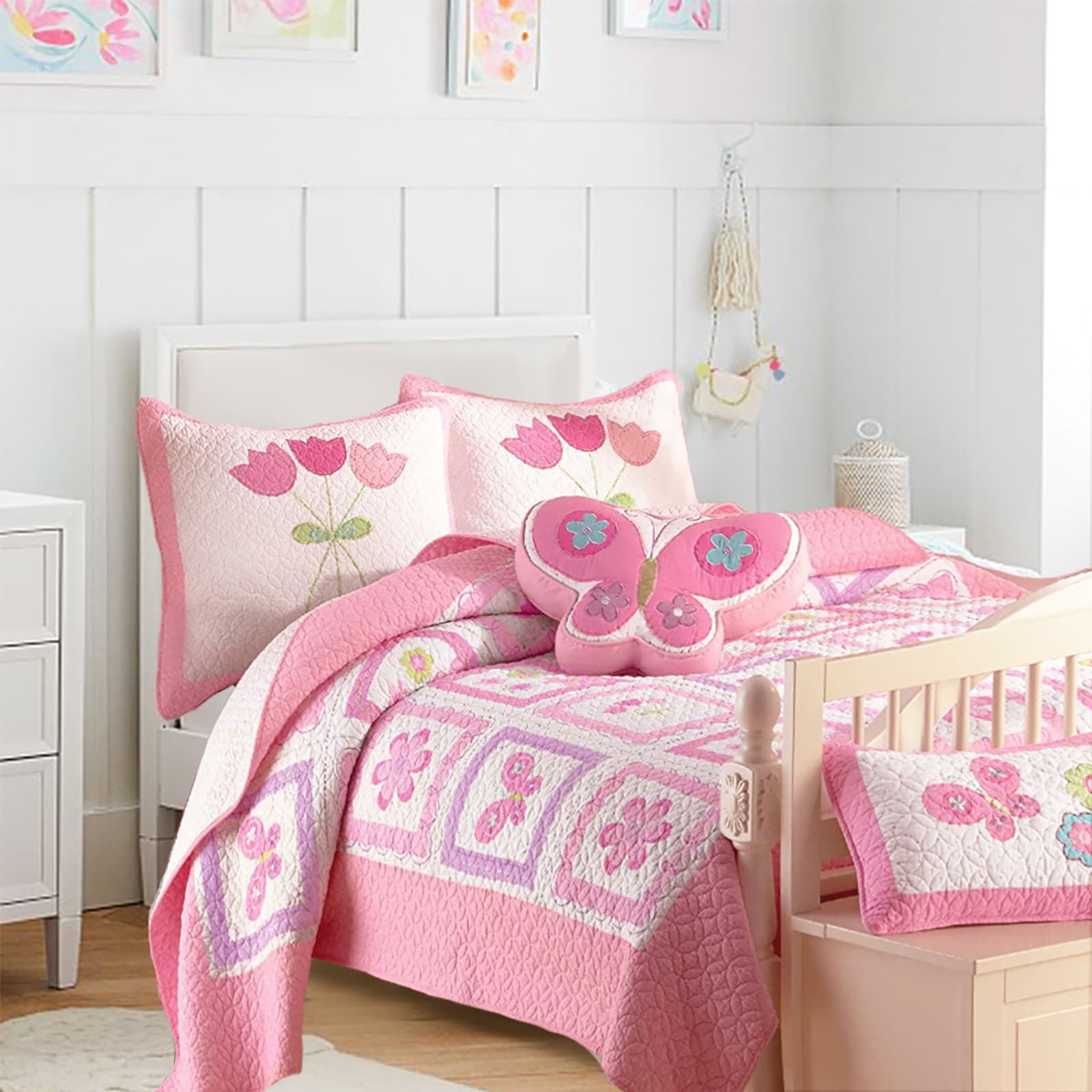 Cozy Line Home Fashions Butterfly Flower Pink Quilt Bedding Set 4 Piece