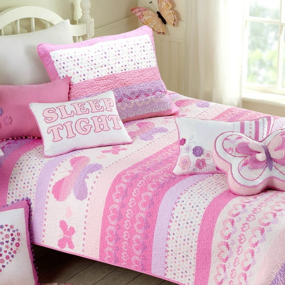 Cozy Line Home Fashions Butterfly Knit Print Pink Purple Cotton Quilt Bedding Set, 2 Piece Twin