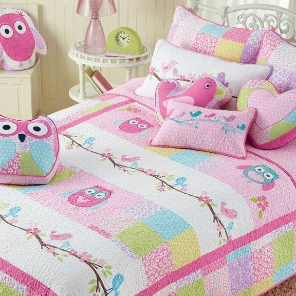 Cozy Line Home Fashions Cotton Cute Owl Pink Birds Floral Print Pattern Quilt Bedding Set & Décor Pillows(Queen- 8 Piece)