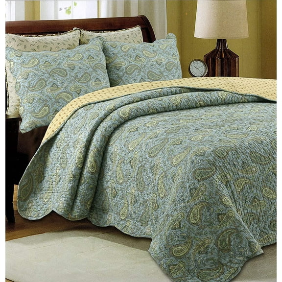 Cozy Line Home Fashions Cotton Reversible Quilt Sets, Queen, Green, 3-Pieces