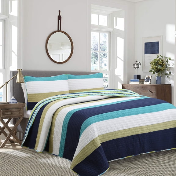 Aquamarine Stripe Patchwork Navy Blue Green Star Dot Cotton Queen Reversible Quilt Bedding Set