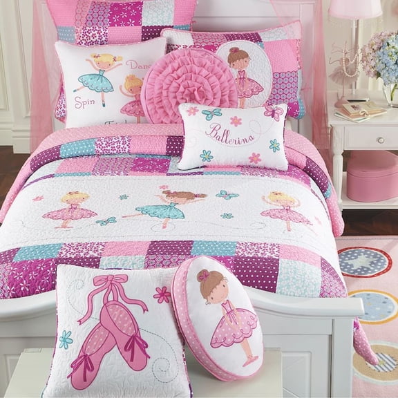 Cozy Line Home Fashions Cozy Line Ballerina Pink Girls Reversible Cotton Quilt Bedding Set with Decorative Pillows Queen 8 Piece