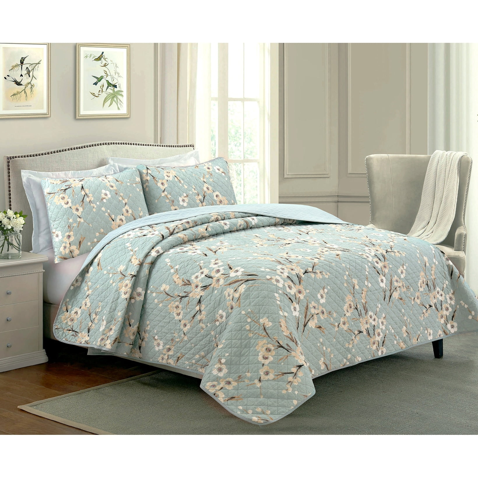 Cyan Blue Cotton Queen Reversible Floral Quilt Set