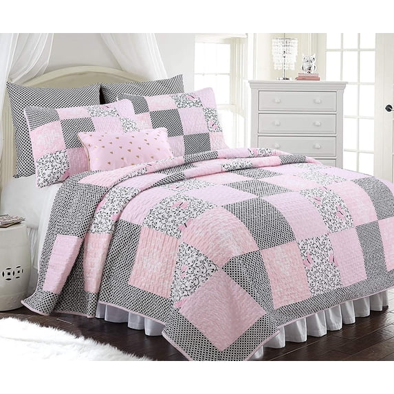 Cozy Line Home Fashions Emerson Pink Butterfly Patchwork Reversible Cotton Quilt Bedding Set, King 3-Piece