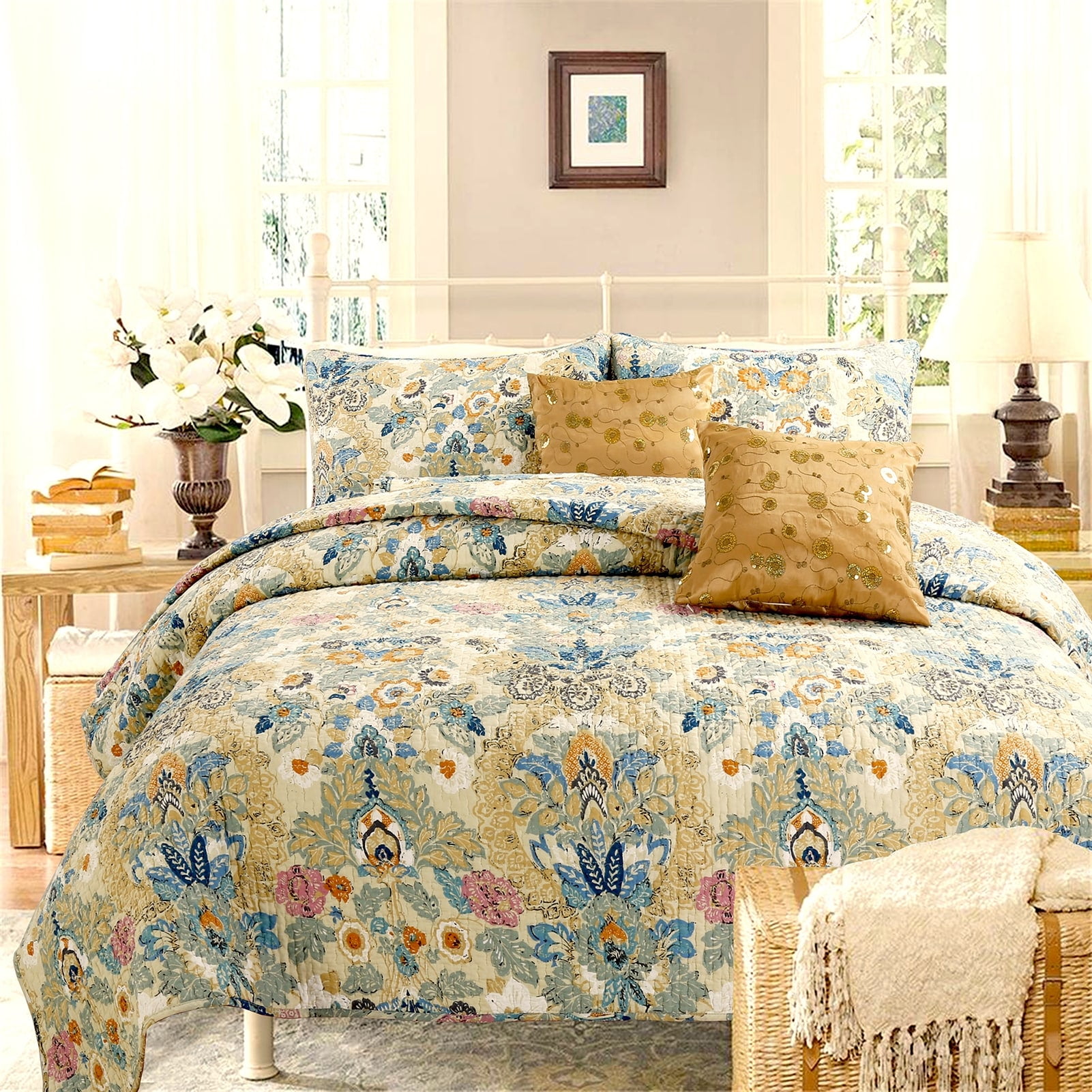Blue and Beige Floral Cotton Queen Reversible Quilt Set