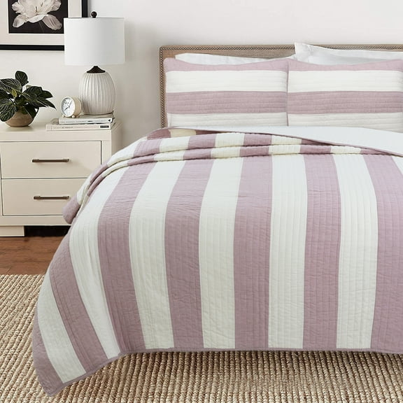 Cozy Line Home Fashions Cozy Line Josie Purple Stripe Reversible Cotton Quilt Bedding Set King