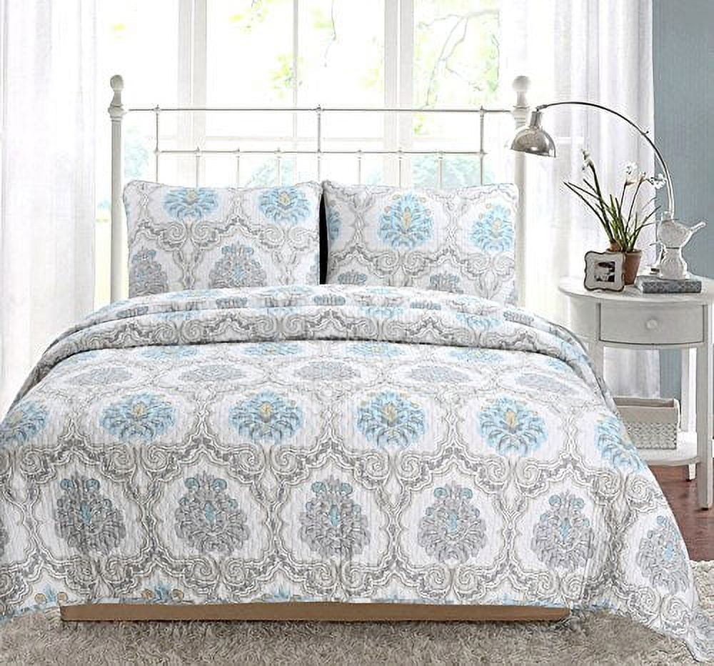 Queen Blue Cotton Reversible Damask Floral Quilt Set