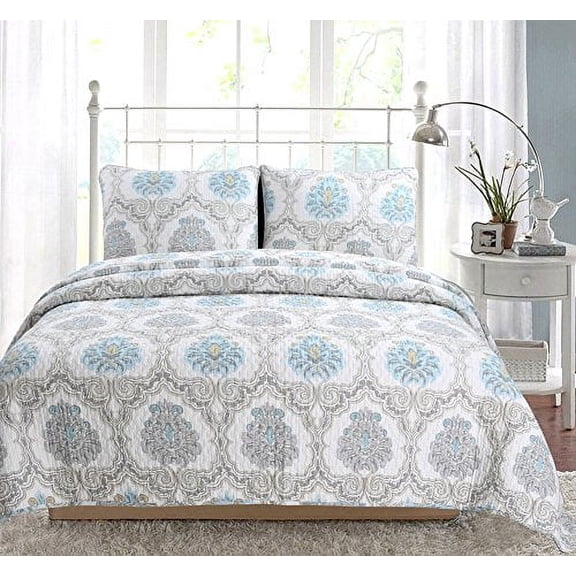 Cozy Line Home Fashions Peace of Mind Bedding Quilt Set, Light Sky Blue Aqua White Grey Printed 100% Cotton Reversible Coverlet Bedspread for Women, (Phacelia, Queen - 3 Piece)