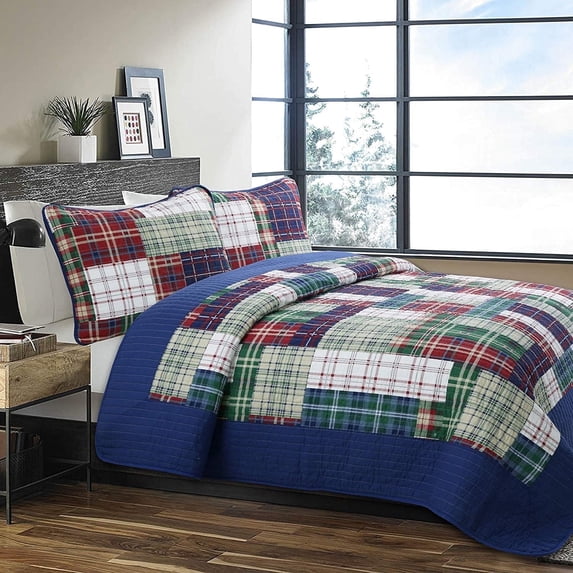 Cozy Line Home Fashions Nate Patchwork Reversible Cotton Quilt Bedding Set - Navy Queen 3 Piece