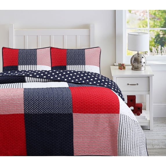 Cozy Line Home Fashions Cozy Line Patriotic Patchwork Plaid Red White Blue Reversible Cotton Quilt Bedding Set Queen