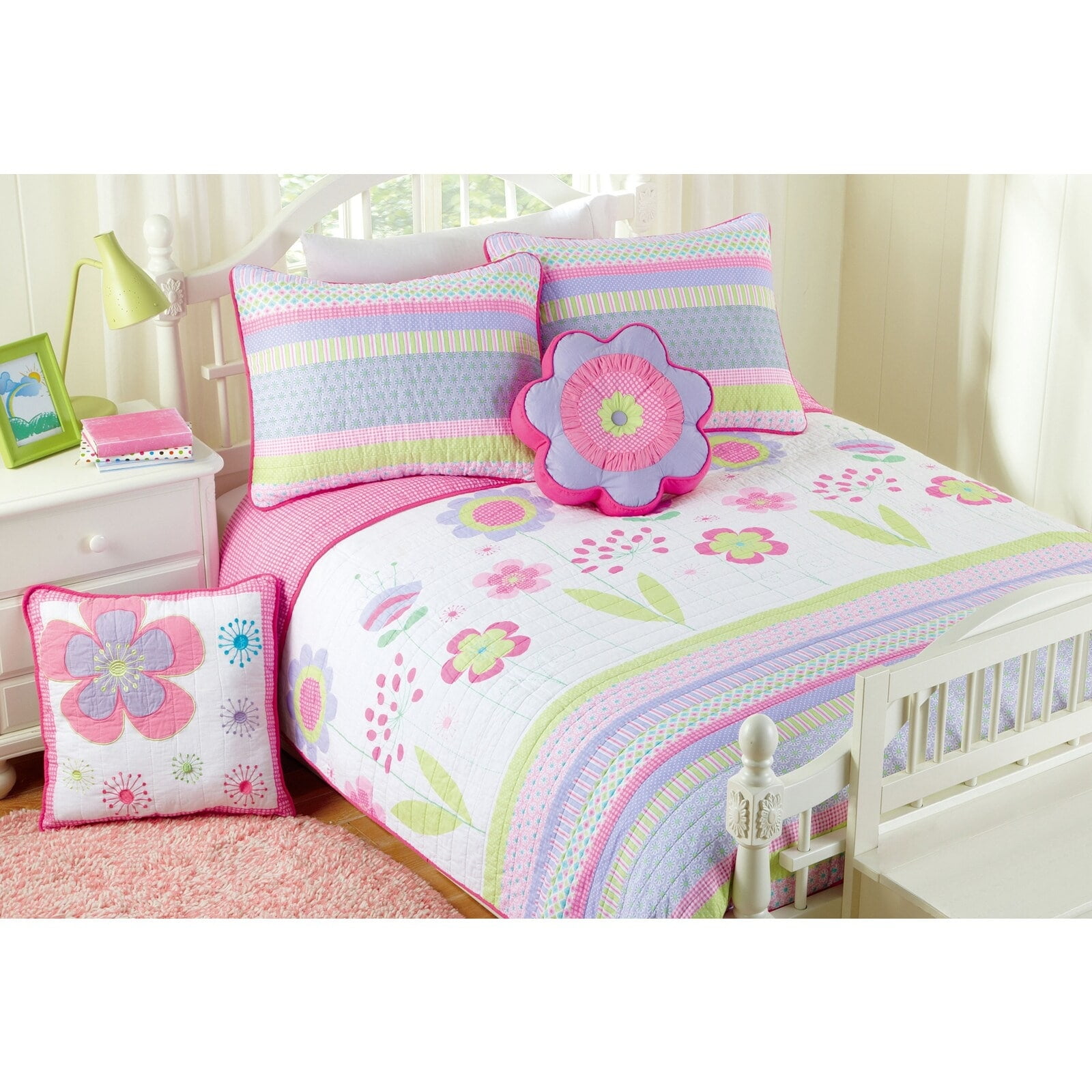 Pink Floral Cotton Reversible Twin Quilt Set with Decorative Pillows