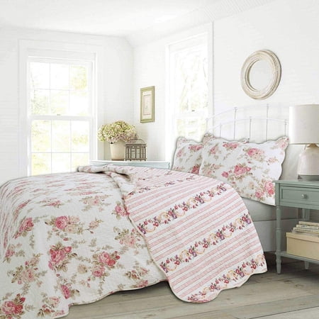 Cozy Line Home Fashions Cozy Line Pink Floral Patricia Reversible Floral 3 Piece Cotton Quilt Bedding Set Queen