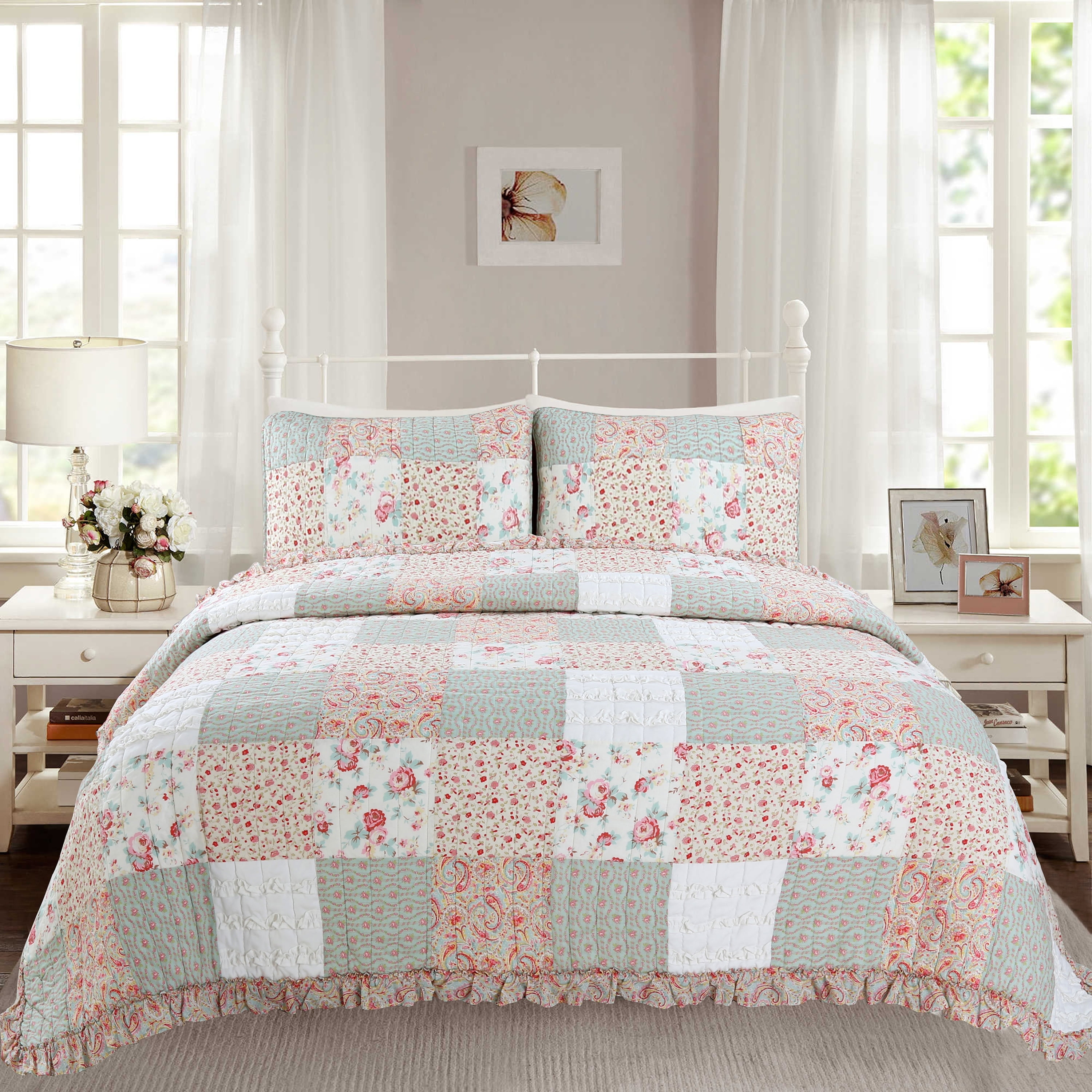 King Size Pink and Green Cotton Reversible Patchwork Quilt Set