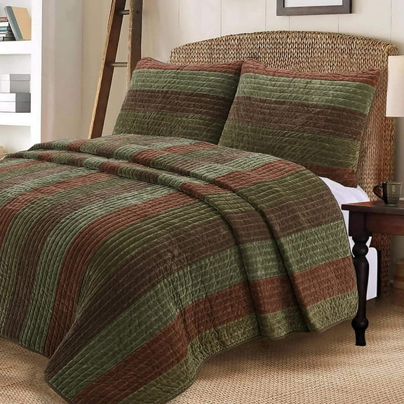 Cozy Line Home Fashions Cozy Line Rhett Brown Green Stripe Reversible Quilt Bedding Set King