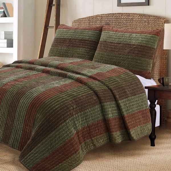 Cozy Line Home Fashions Cozy Line Rhett Brown Green Stripe Reversible Quilt Bedding Set Queen