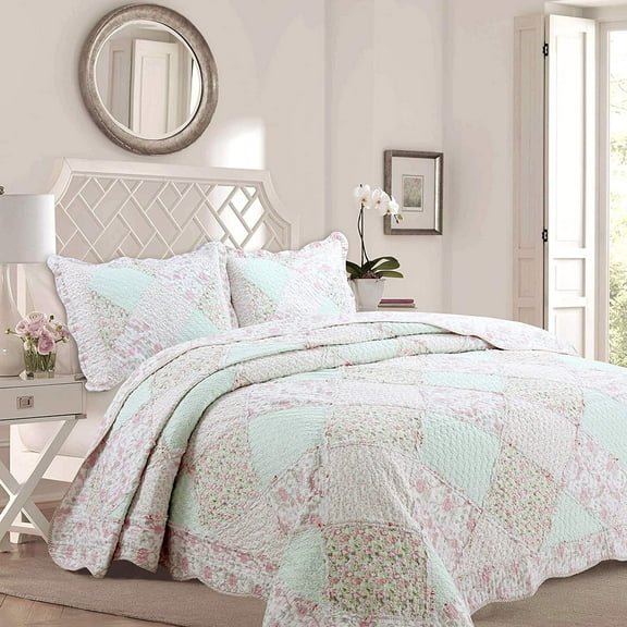 Cozy Line Pink Rosa Floral Real Patchwork 100% Cotton 2-Piece Reversible Quilt Bedding Set, Twin