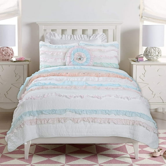 Cozy Line Home Fashions Pink Blue Lace Stripe Floral Flower Print Cotton Reversible Quilt Bedding Set (Pink/Blue, Queen -3 Piece)