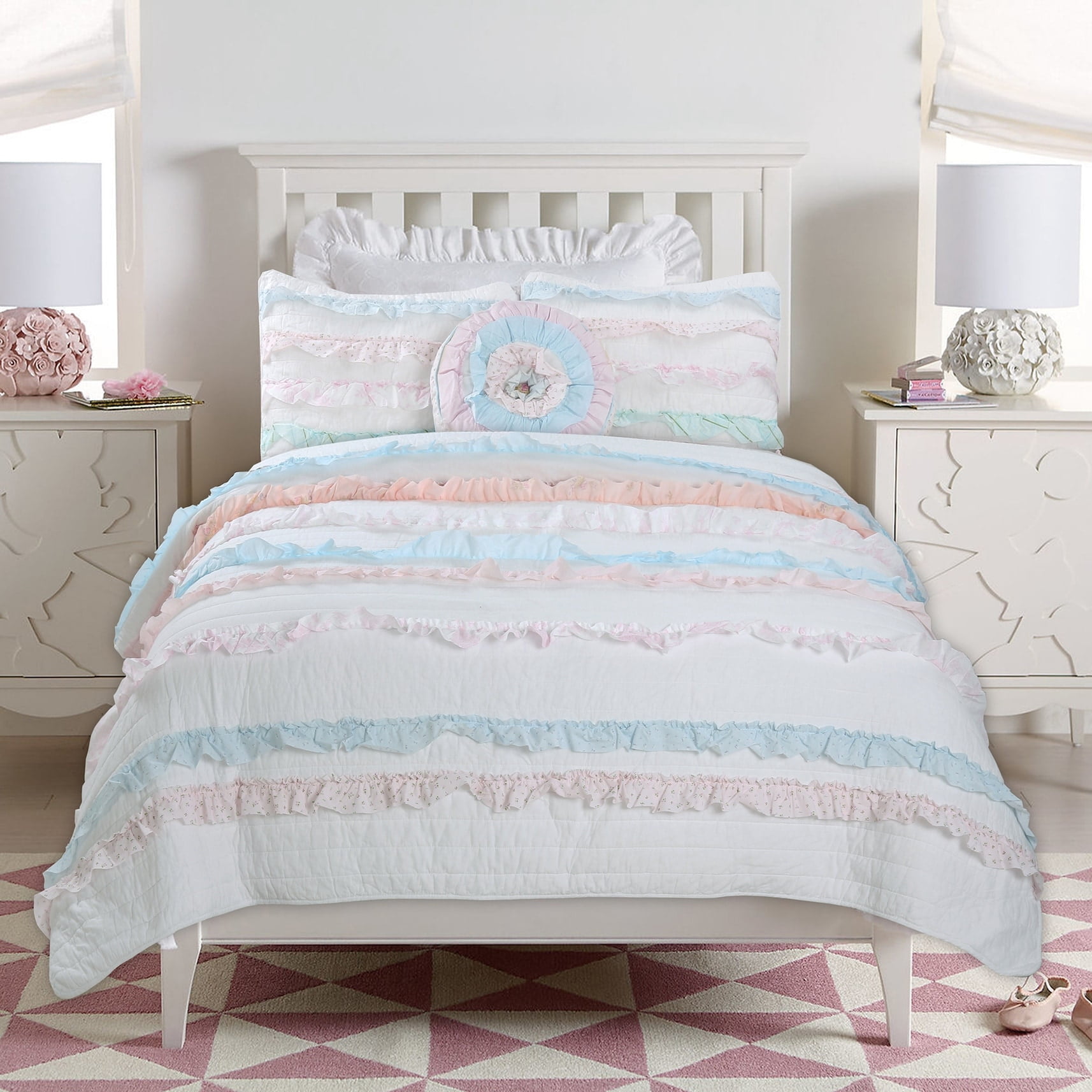 Pink and Blue Cotton Twin Reversible Quilt Set