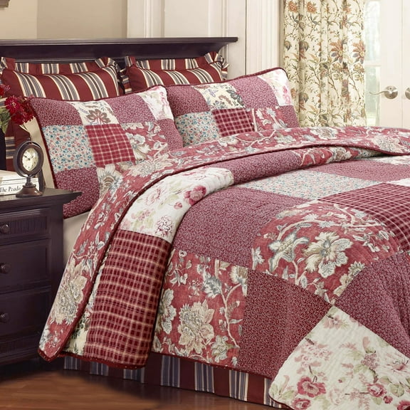 Cozy Line Home Fashions Cozy Line Thalia Real Patchwork 3 Piece Red Reversible Cotton Quilt Bedding Set King