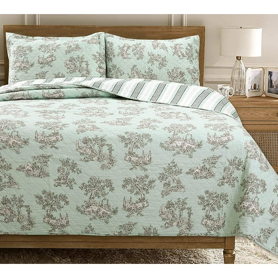 Cozy Line Home Fashions Cozy Line Vintage Cottage Garden Toile Mint Green Cotton Quilt Bedding Set, King
