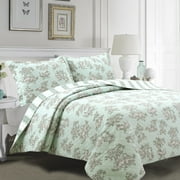 Cozy Line Home Fashions Cozy Line Vintage Cottage Garden Toile Mint Green Cotton Quilt Bedding Set, Queen