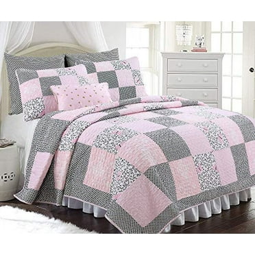 Cozy Line Home Fashions Emerson Pink Butterfly Patchwork Reversible Cotton Quilt Bedding Set, Queen 3-Piece