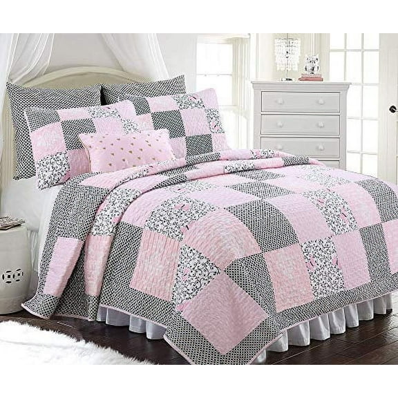 Cozy Line Home Fashions Emerson Pink Butterfly Patchwork Reversible Cotton Quilt Bedding Set, Queen 3-Piece