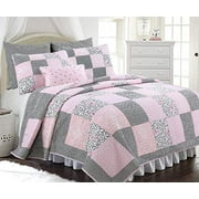 Cozy Line Home Fashions Emerson Pink Butterfly Patchwork Reversible Cotton Quilt Bedding Set, Queen 3-Piece