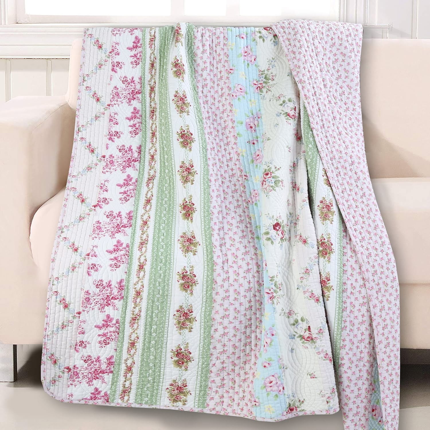 Cozy Line Home Fashions Cotton Throw Blanket, Floral Bloom Stripe