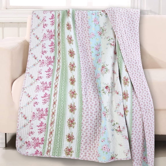 Cozy Line Home Fashions Floral Bloom Stripe Garden Vines Pink Blue Green Cotton Throw Blanket