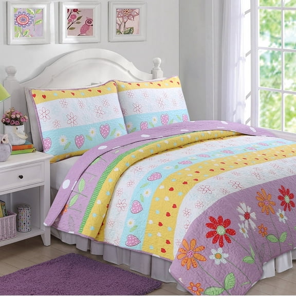 Cozy Line Home Fashions Floral Heart Print Reversible Girl Bedding Quilt Set, Bedspread, Coverlet (Flower Garden, Twin - 2 Piece)