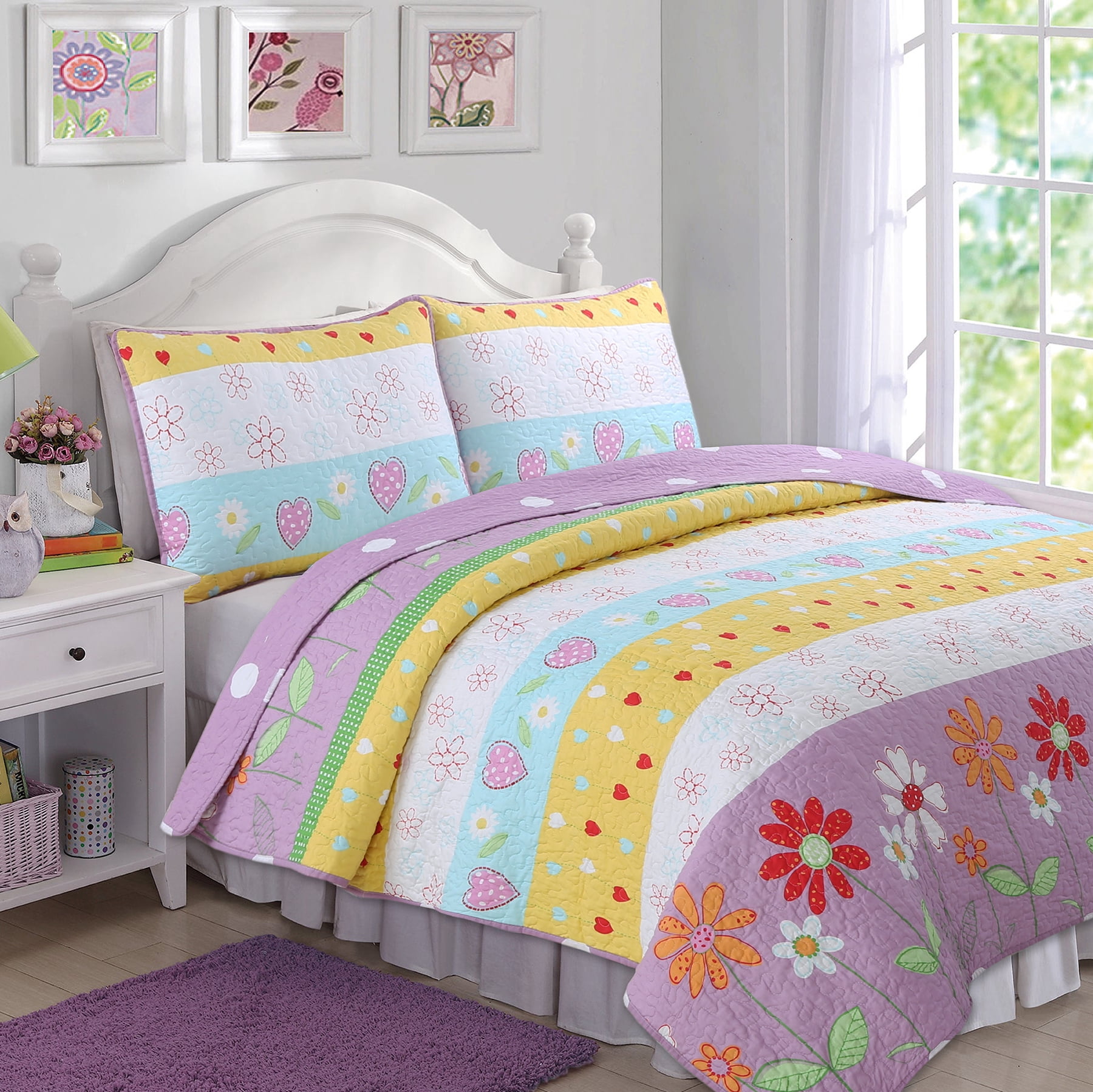 Floral Heart Print Reversible Cotton Twin Quilt Set