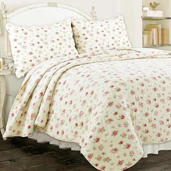 Cozy Line Home Fashions Floral Pink Rose Garden 3-Piece Quilt Bedding Set, King