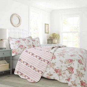 Cozy Line Home Fashions Floral Shabby Chic Spring Rose 100% Cotton 3-Piece Quilt Set, Queen Set