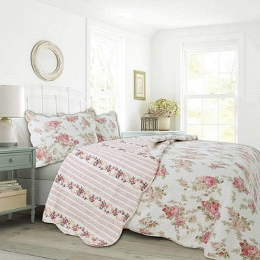 Cozy Line Home Fashions Floral Shabby Chic Spring Rose 100% Cotton 3-Piece Quilt Set, Queen Set