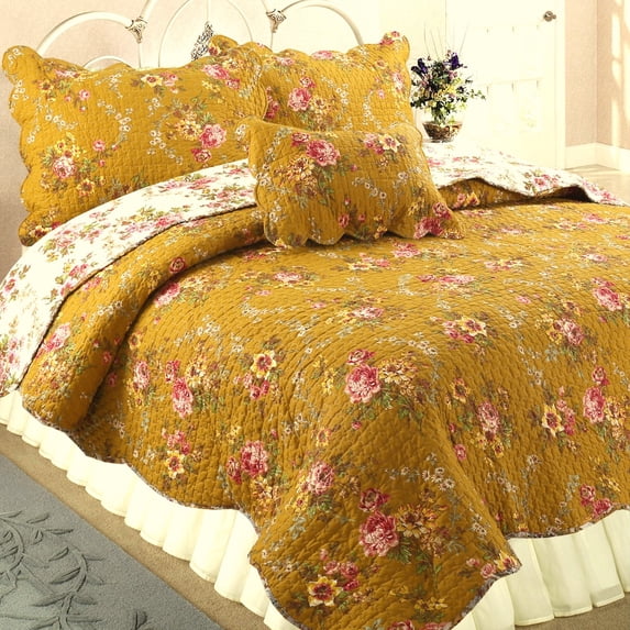 Cozy Line Home Fashions French Country Floral Blooming King 3-Piece Cotton Reversible Quilt Set