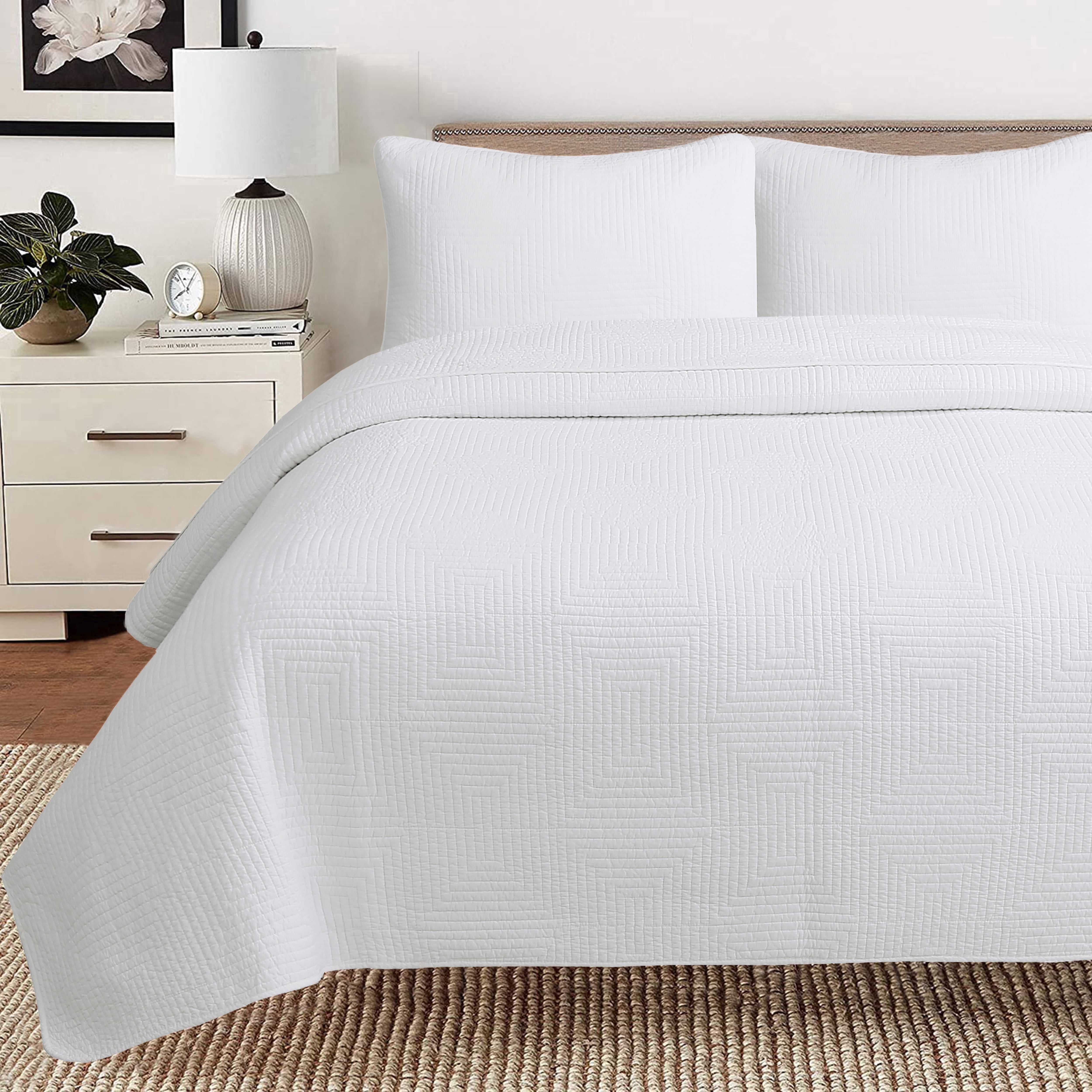 Cozy Line Home Fashions Geometric Maze Solid White 100% Cotton 3 Piece Quilt Bedding Set, Queen