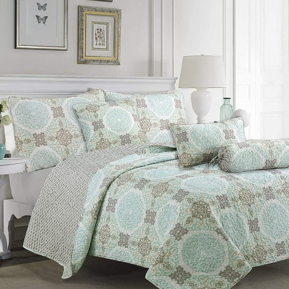 Cozy Line Home Fashions Green Grey Damask Reversible Bedding Quilt Set (Aqua Melody, King - 3 Piece)