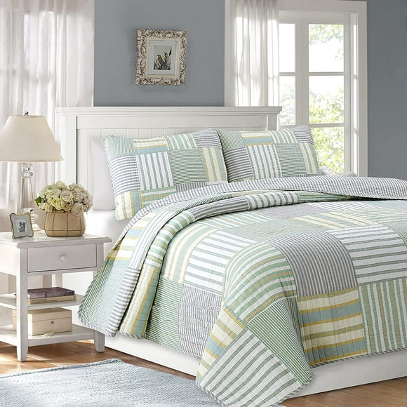 Cozy Line Home Fashions Green Yellow Blue Plaid Striped Real Patchwork 100% Cotton 2-Piece Reversible Quilt Set, Twin
