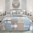 thumbnail image 1 of Cozy Line Home Fashions Hank Blue Grey Brown Plaid Grid Real Patchwork 100% Cotton Reversible Quilt Bedding Set, King 3 Piece, 1 of 6