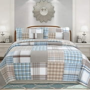 Cozy Line Home Fashions Hank Blue Grey Brown Plaid Grid Real Patchwork 100% Cotton Reversible Quilt Bedding Set, King 3 Piece