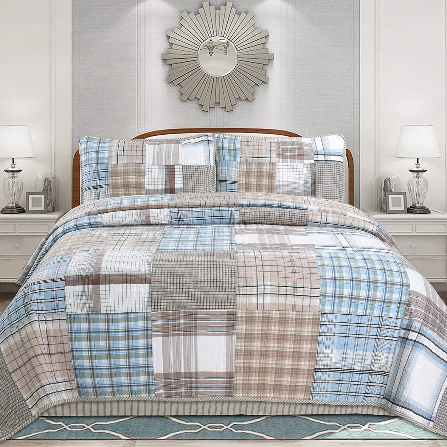Blue and Brown Cotton Patchwork Queen Reversible Quilt Set