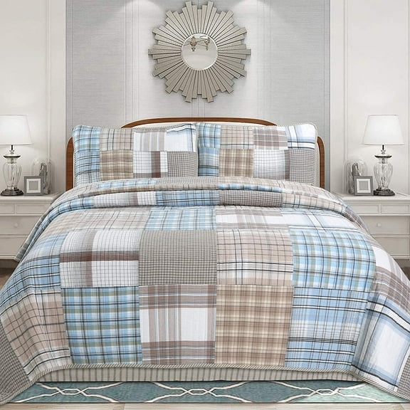 Cozy Line Home Fashions Hank Blue Grey Brown Plaid Grid Real Patchwork 100% Cotton Reversible Quilt Bedding Set, Queen 3 Piece