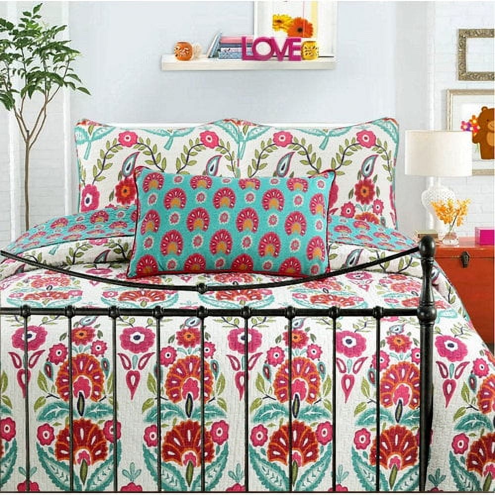 King Pink and Teal Cotton Reversible Quilt Set