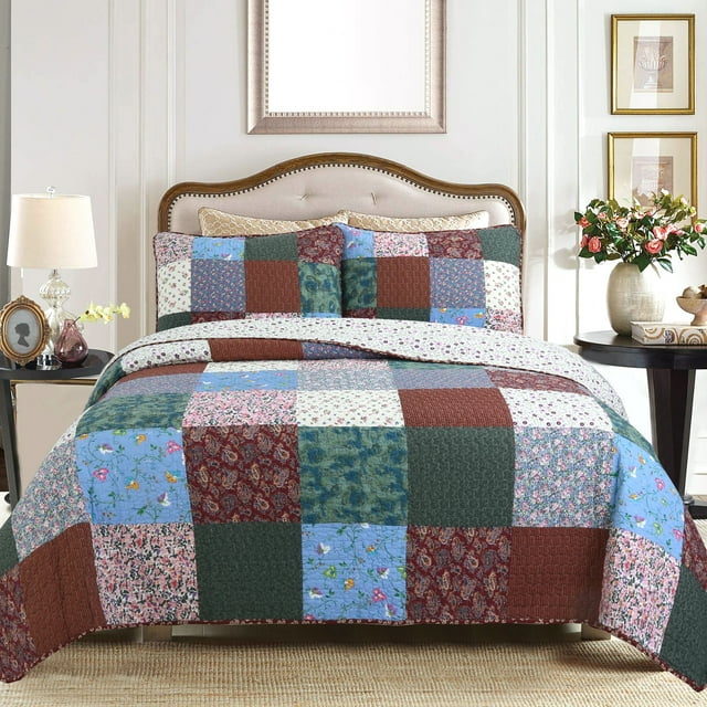 Cozy Line Home Fashions Harvest Vintage Floral Paisley Square Patchwork Rich Multi-Color Maroon 3-Piece Cotton Quilt Bedding Set King