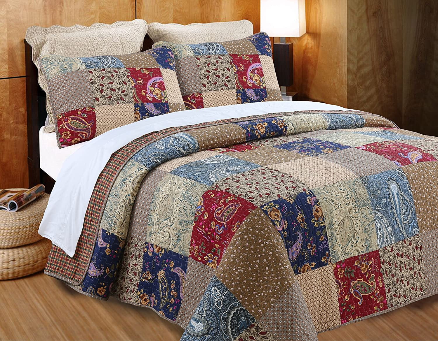 Cozy Line Home Fashions Hyler Paisley Navy Red 100% Cotton Quilt Set, King-Reversible 3 Counts