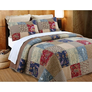 Cozy Line Home Fashions Hyler Navy Red Floral Paisley Real Patchwork 100% Cotton 3-Piece Reversible Quilt Set, Queen