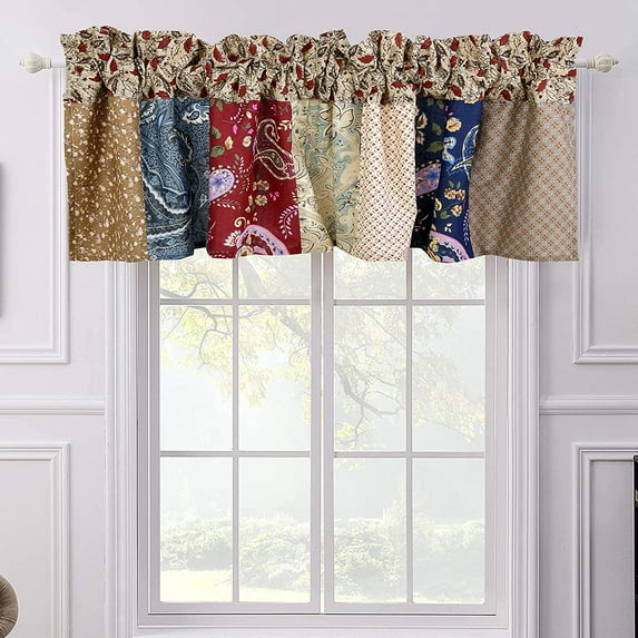 Cozy Line Home Fashions Hyler Navy Red Floral Paisley Real Patchwork Rod Pocket Window Valance, 16" x 56"